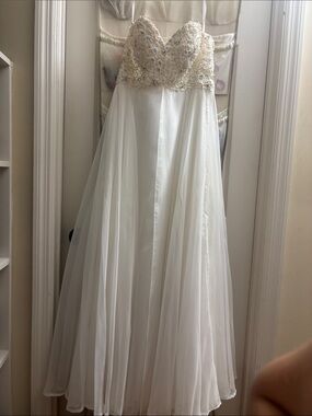 Riva Designs Strapless White Gown with Gold Beaded Bodice